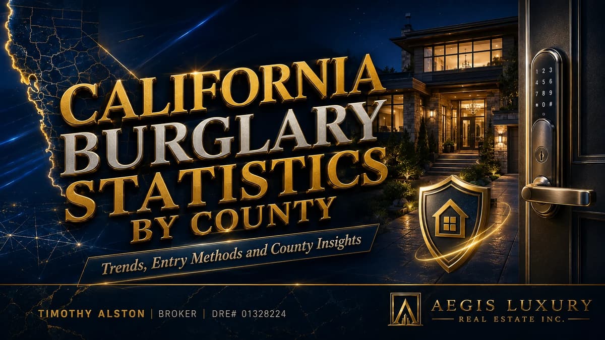 California burglary statistics by county, a lit home at night behind a keypad door lock and a shielded house emblem, with an outline of California at left and the subtitle trends, entry methods and county insights