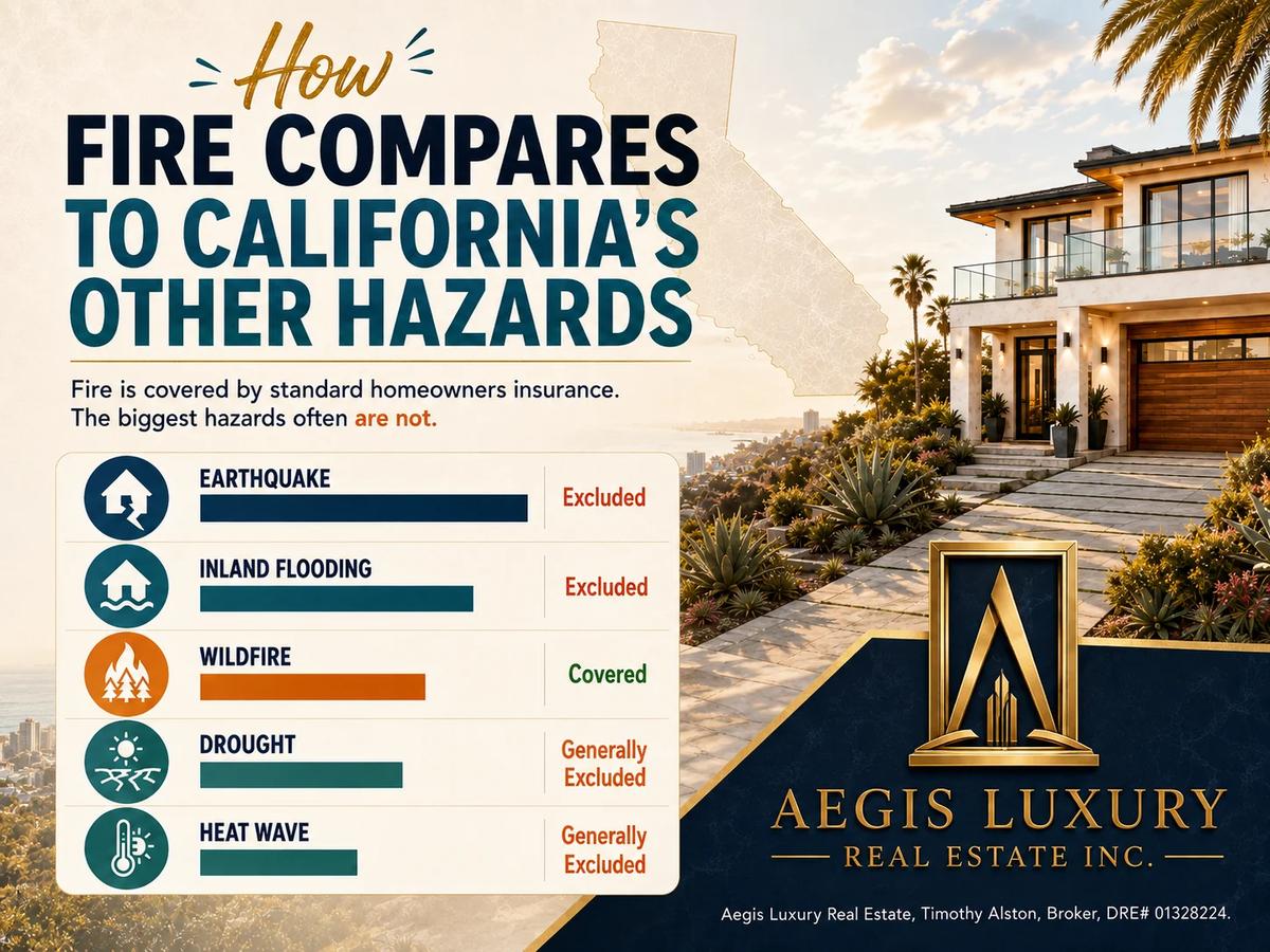 How fire compares to California's other hazards, listing earthquake and inland flooding as excluded from a standard homeowners policy, wildfire as covered, and drought and heat wave as generally excluded