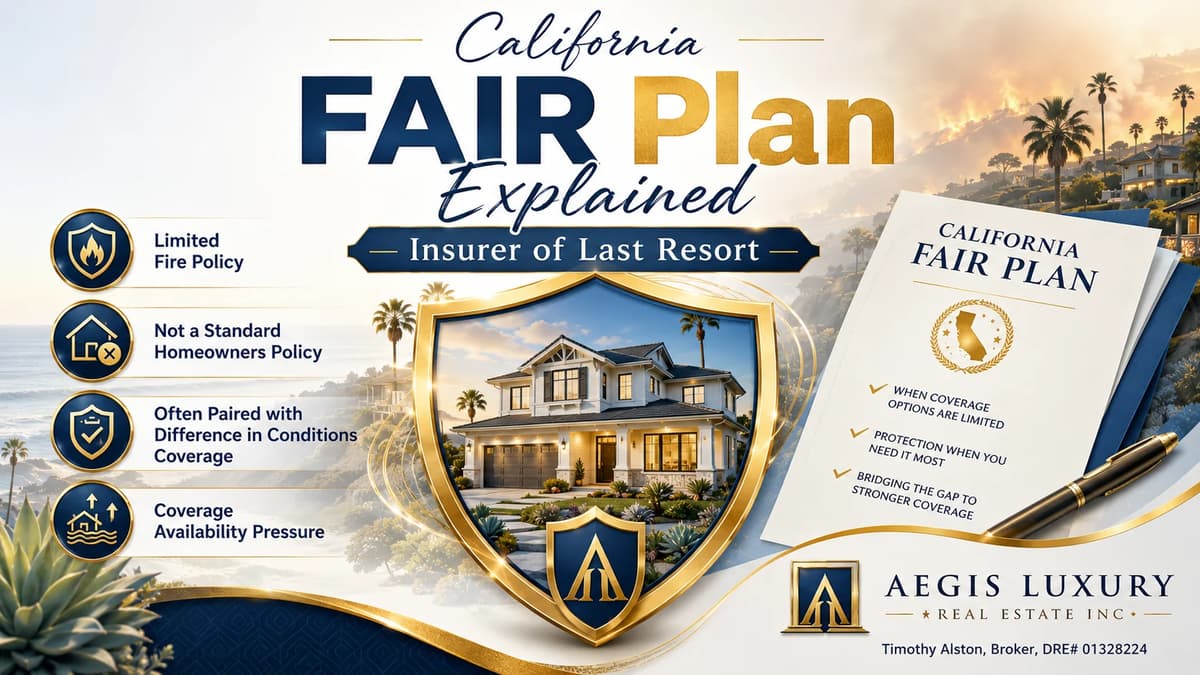 California home insurance cost statistics, an outline of California marked with home, fire and flood icons beside a coastal hillside neighborhood, with labels for premiums, FAIR Plan, distressed areas, flood coverage and coverage gaps