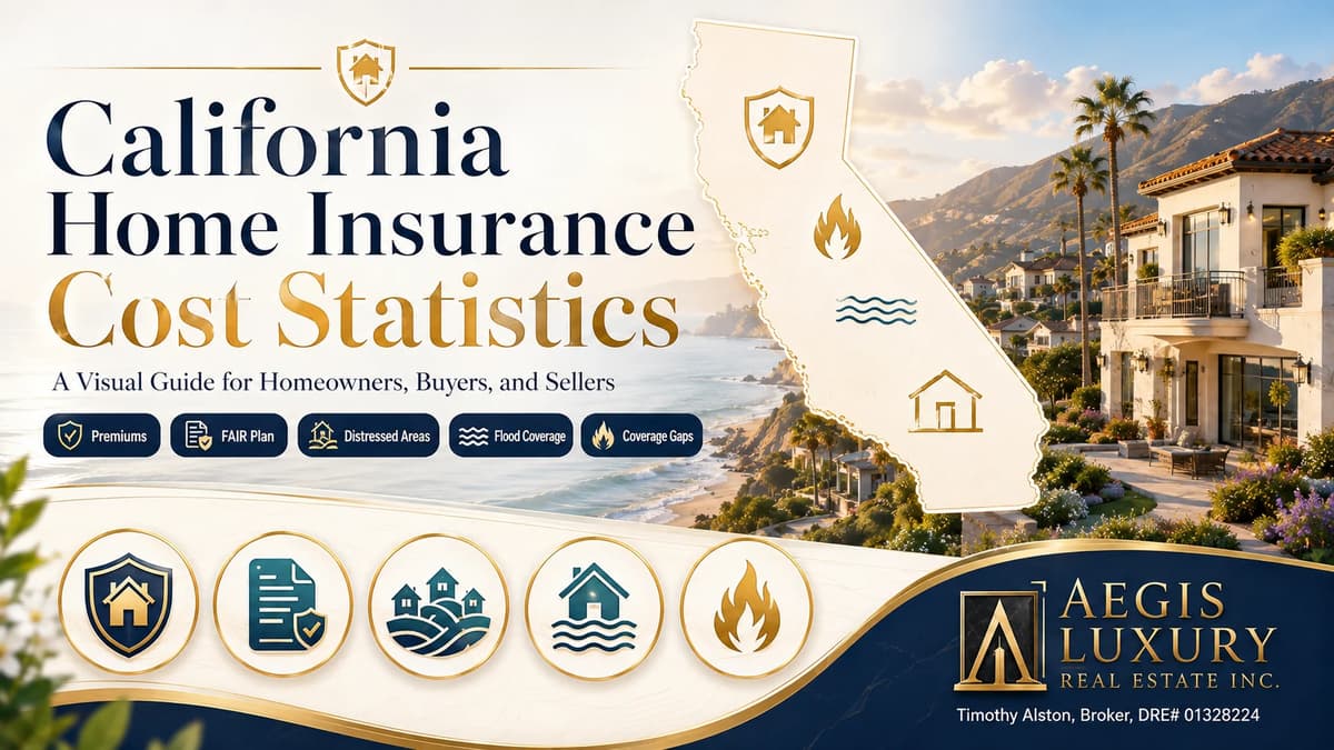 California home insurance coverage gaps, an outline of California between a coastal neighborhood and rising water, with icons for flood, earthquake, separate policies, coverage questions and prepared homeowners