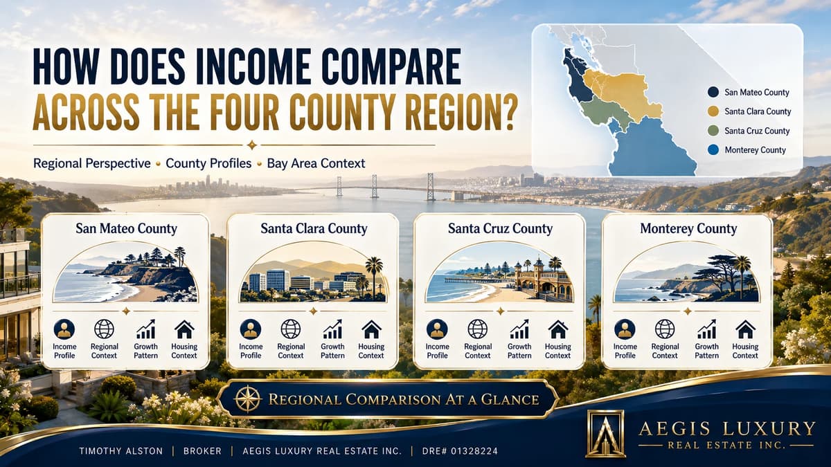 How wide is the income gap across California, an outline of the state with three regions marked between a coastal estate and a mountain lodge, labelled higher income counties, lower income counties and county comparison