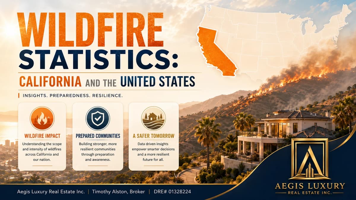 California wildfire landscape, with fire moving along a coastal ridge above a hillside neighborhood, and panels for exposure, preparedness and resilience