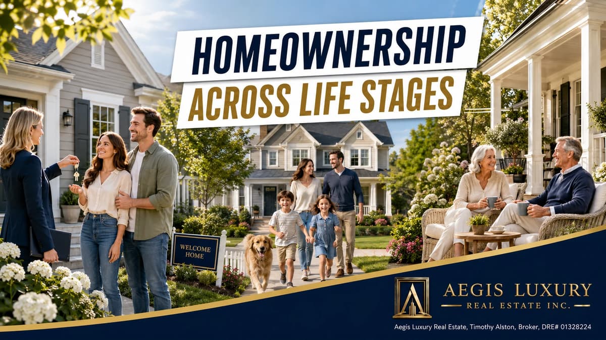 Homeownership across life stages, a broker handing keys to a young couple at left, a family with children and a dog walking past a welcome home sign at center, and an older couple with coffee on a covered porch at right
