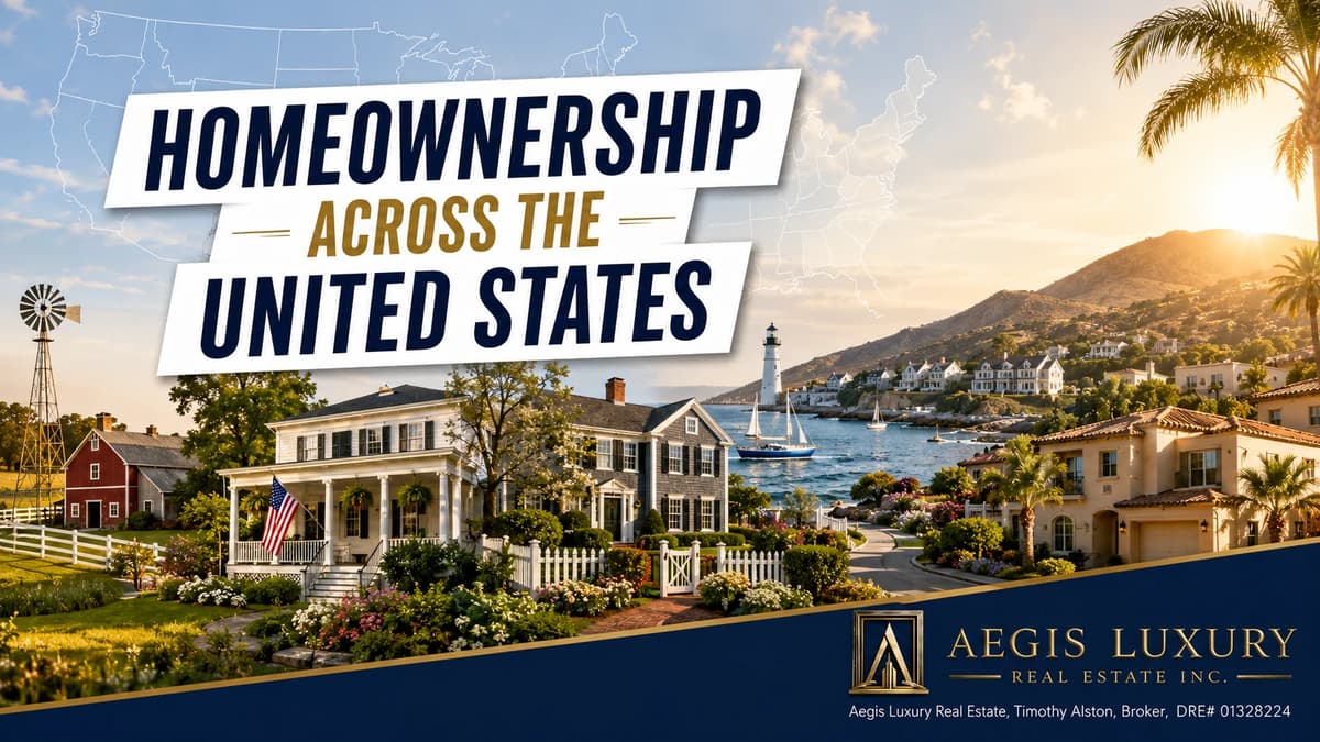 Homeownership across the United States, a farm windmill and red barn at left, a white clapboard colonial with a picket fence and American flag at center, and a lighthouse, sailboats and hillside coastal homes with palms at right
