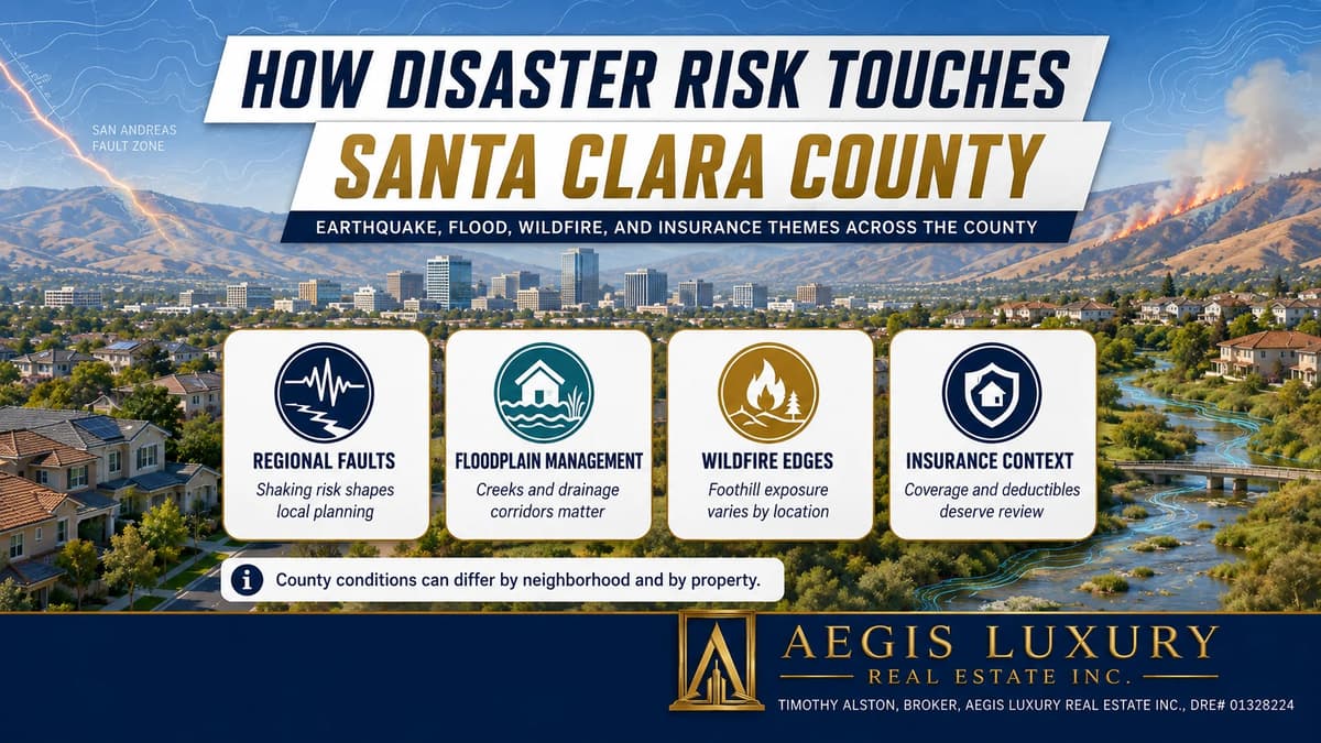 How disaster risk touches Santa Clara County, a valley view with a fault trace over the western hills, wildfire on a ridge and a creek corridor, with panels for regional faults, floodplain management, wildfire edges and insurance context