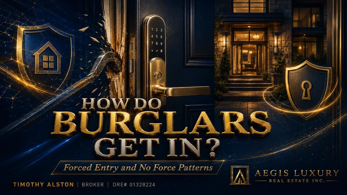 How do burglars get in, a splintered door frame beside an intact keypad lock and two shield emblems, with the subtitle forced entry and no force patterns