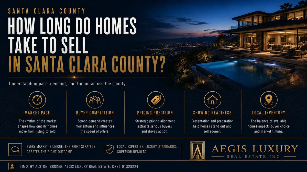 How long do homes take to sell in Santa Clara County, a hillside home lit at dusk above the valley, with labels for market pace, buyer competition, pricing precision, showing readiness and local inventory