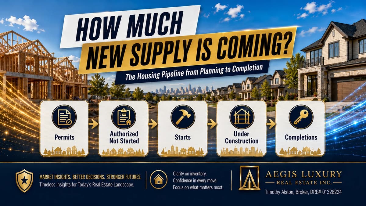 How much new supply is coming, a timber framed house under construction at left and a finished street of homes with a city skyline at right, above a five step arrow sequence from permits to authorized not started to starts to under construction to completions