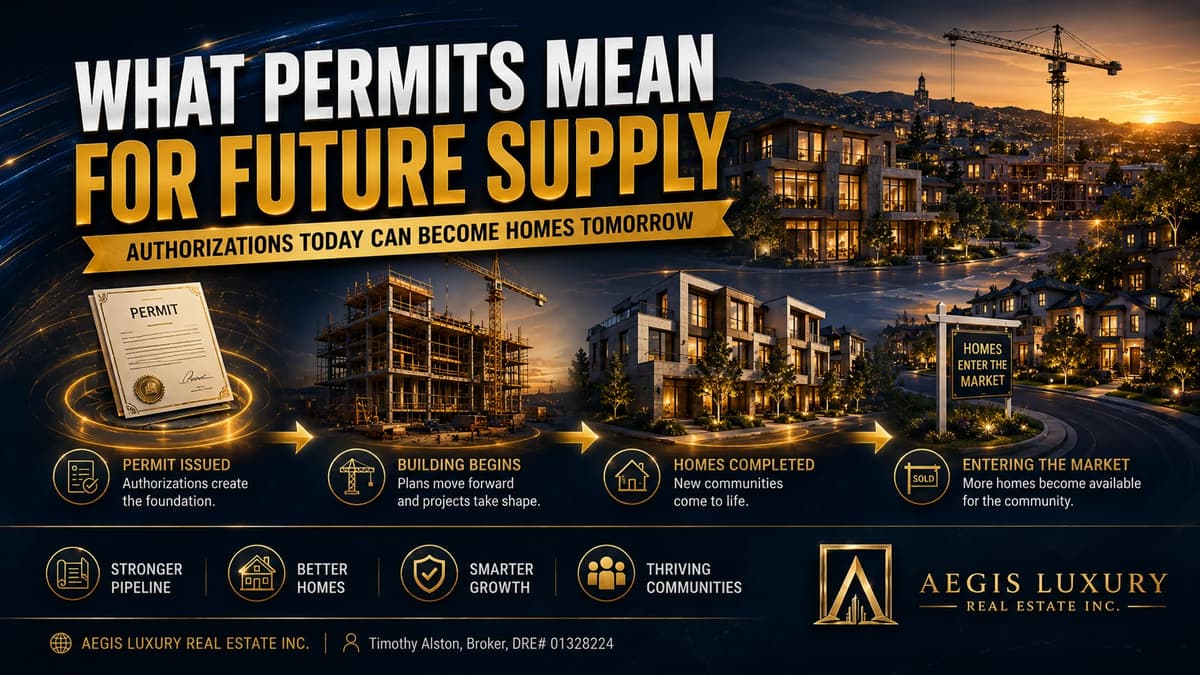 What permits mean for future supply, a four step sequence from permit issued to building begins to homes completed to entering the market, across a new residential development at dusk