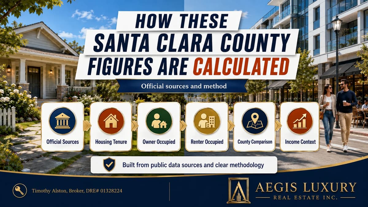 How these Santa Clara County figures are calculated, a six step sequence from official sources through housing tenure, owner occupied, renter occupied, county comparison and income context