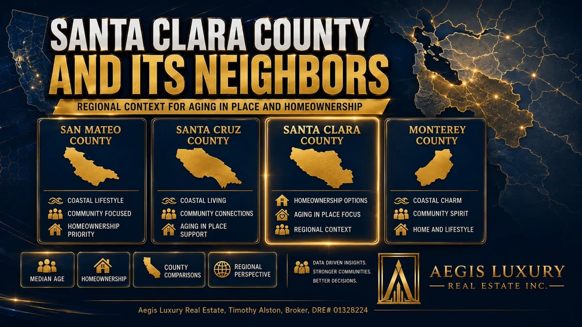 Santa Clara County and its neighbors, four county cards for San Mateo, Santa Cruz, Santa Clara and Monterey with county outlines, over a night map of the Bay Area, and labels for median age, homeownership, county comparisons and regional perspective