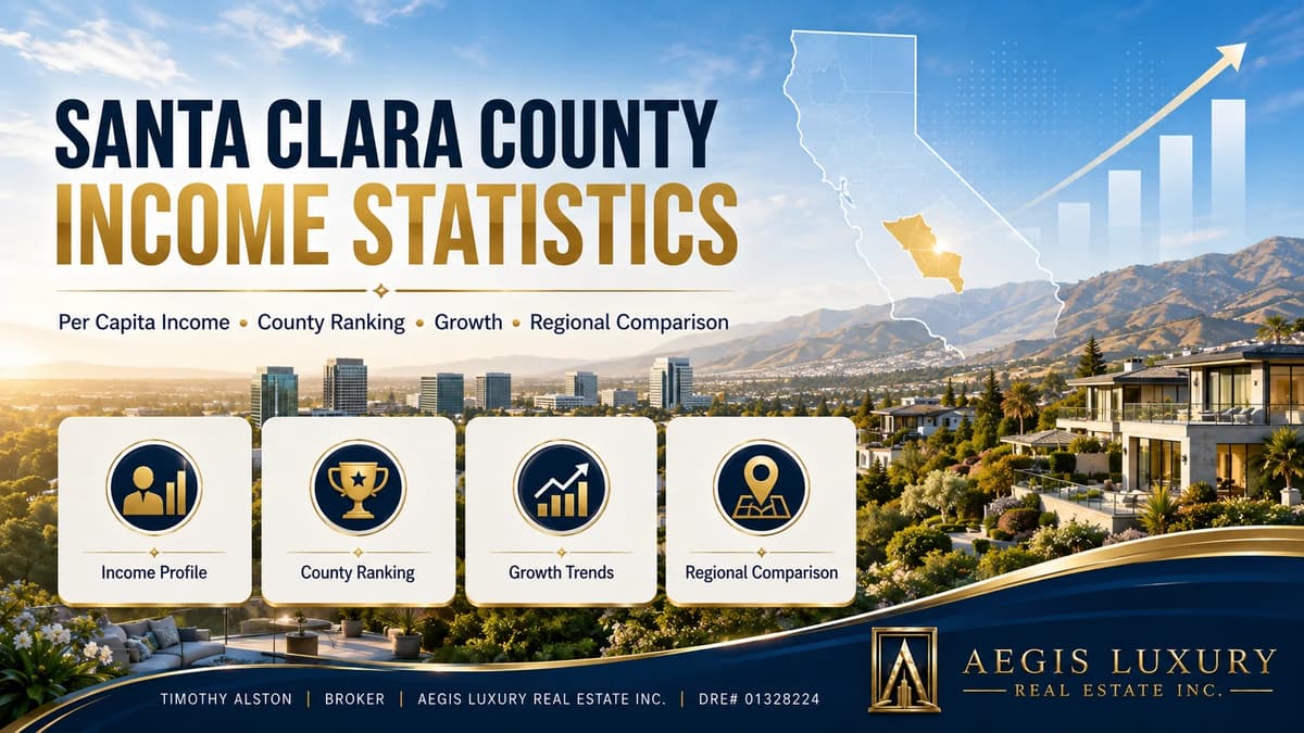 How does income compare across the four county region, cards for San Mateo, Santa Clara, Santa Cruz and Monterey counties above a bay view, with a regional key map and labels for income profile, regional context, growth pattern and housing context