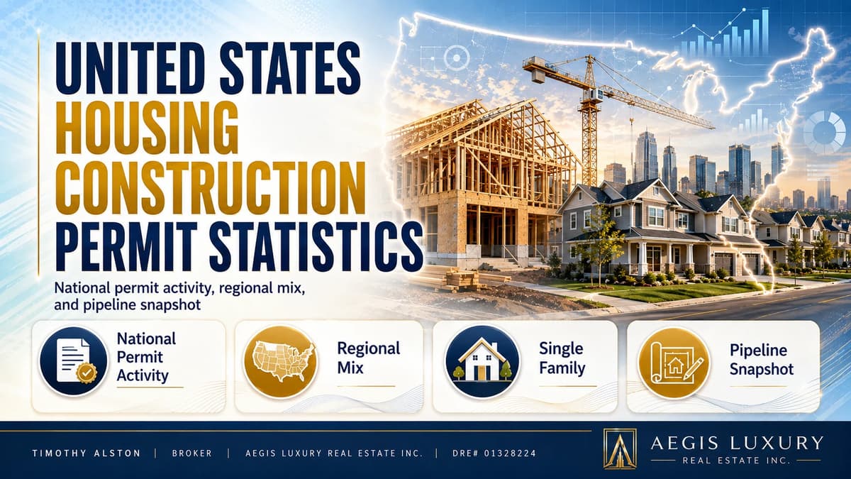 Permits, starts and completions, an approved building permit on a clipboard with rolled blueprints, an excavator at a graded site, a timber framed house and a finished street of homes, above an arrow sequence from permits to starts to under construction to completions