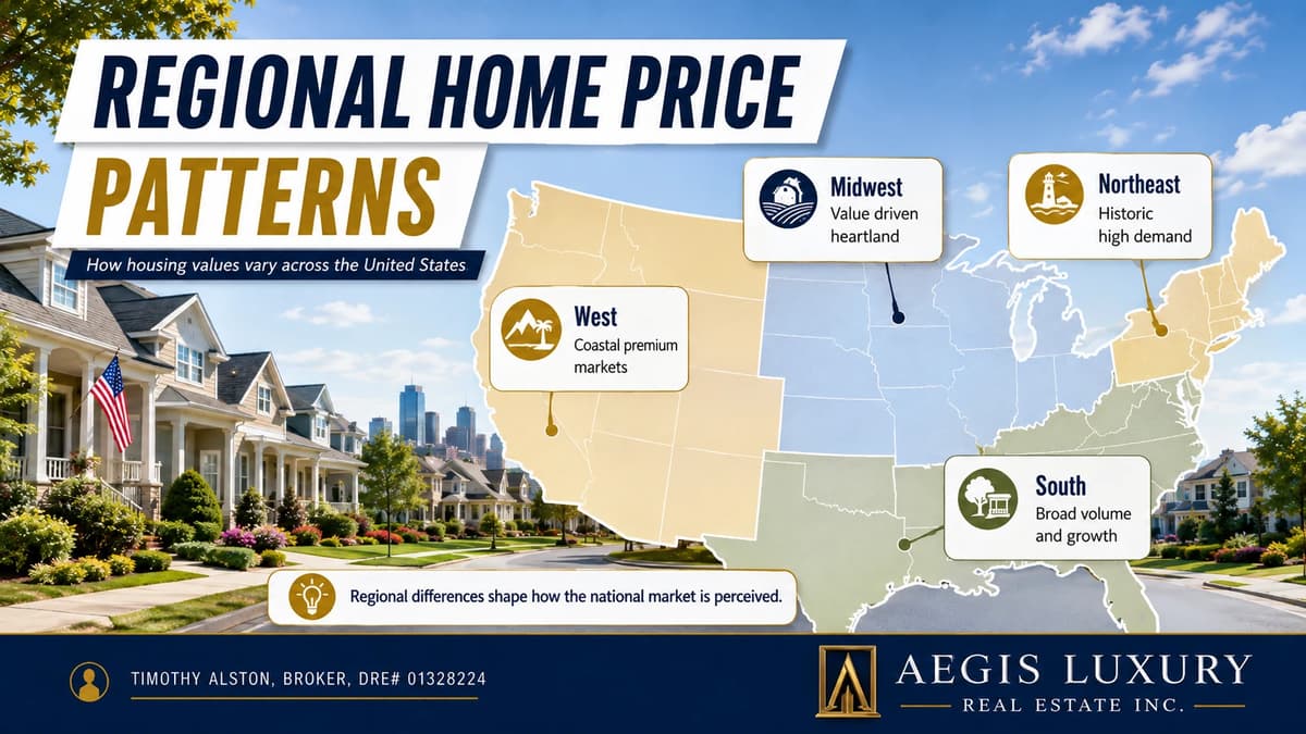 Regional home price patterns across the United States, a shaded outline map with callouts for the West as coastal premium markets, the Midwest as value driven heartland, the Northeast as historic high demand and the South as broad volume and growth