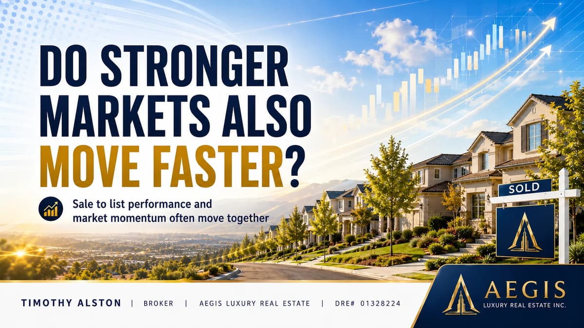 Do stronger markets also move faster, with a hillside Santa Clara County street of homes, a sold sign and a rising candlestick chart climbing above the rooftops