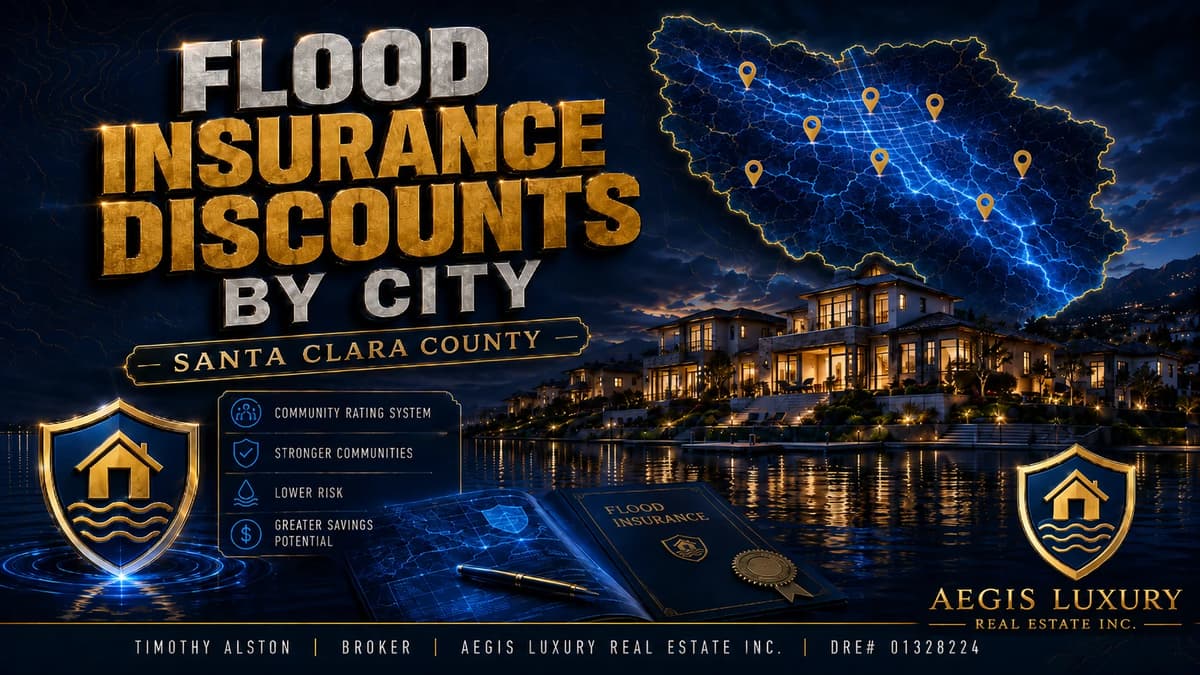Flood insurance discounts by city in Santa Clara County, an outline of the county with pinned cities above a lit waterfront neighborhood, with a flood insurance policy on a desk and points for the Community Rating System, stronger communities, lower risk and greater savings potential