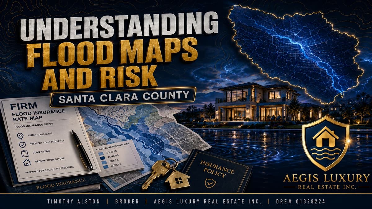 Understanding flood maps and risk in Santa Clara County, a Flood Insurance Rate Map and a zone designation key on a desk beside an insurance policy and keys, with an outline of the county and its creek lines above
