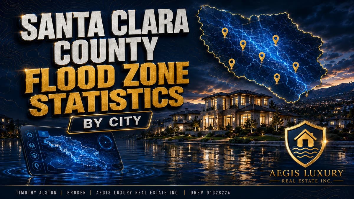 Santa Clara County flood zone statistics by city, an outline of the county with pinned cities and illuminated creek lines above a lit hillside neighborhood reflected in water, with a tablet showing the same county map