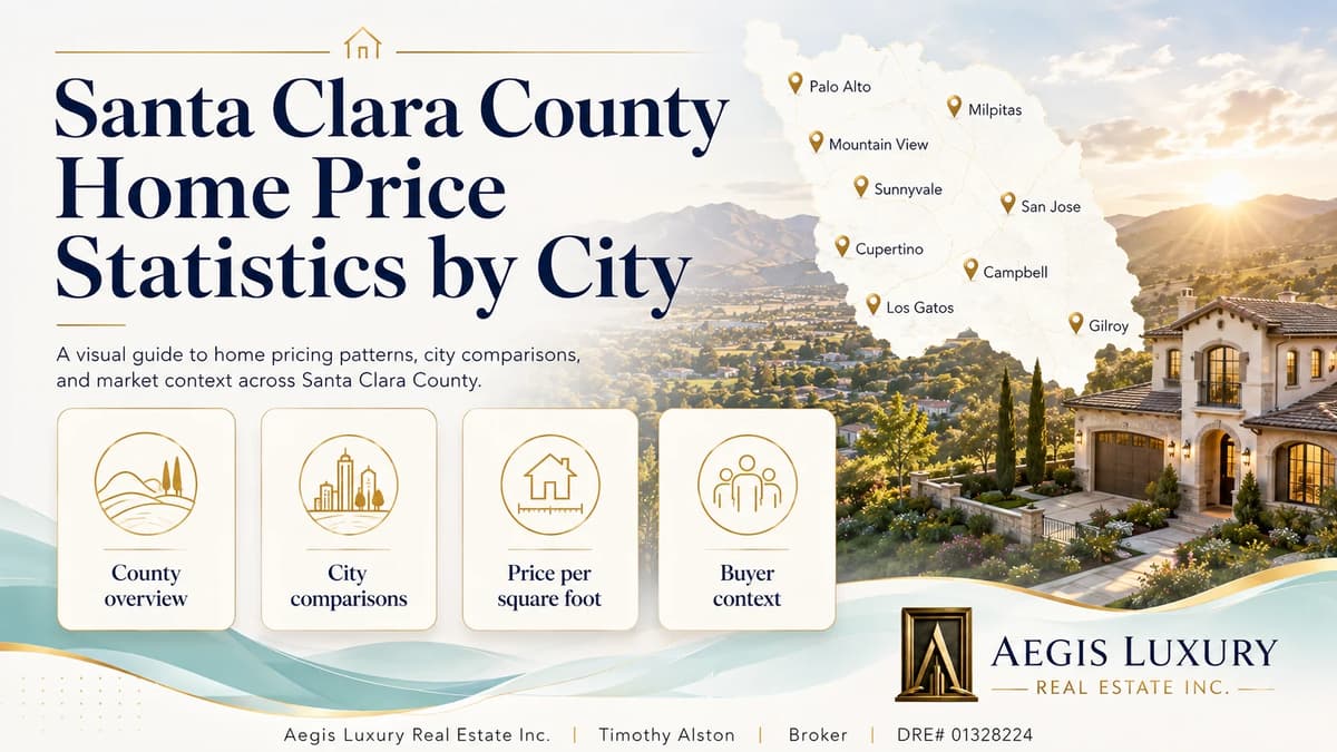 Which city has the highest price per square foot, a magnifier over a Santa Clara County neighborhood with callouts for location, scarcity, architecture, walkability and prestige, and a note that price per square foot reflects more than home size