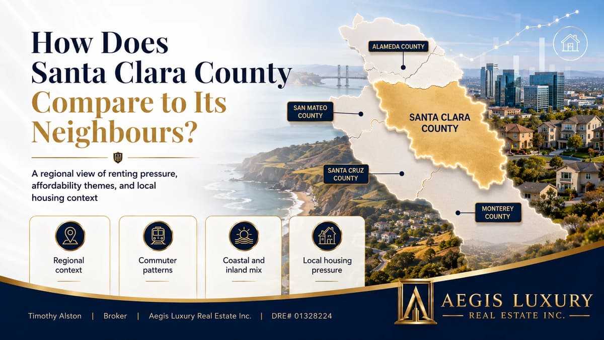 How does Santa Clara County compare to its neighbours, a regional map with Santa Clara County shaded and Alameda, San Mateo, Santa Cruz and Monterey counties labelled, above panels for regional context, commuter patterns, coastal and inland mix and local housing pressure