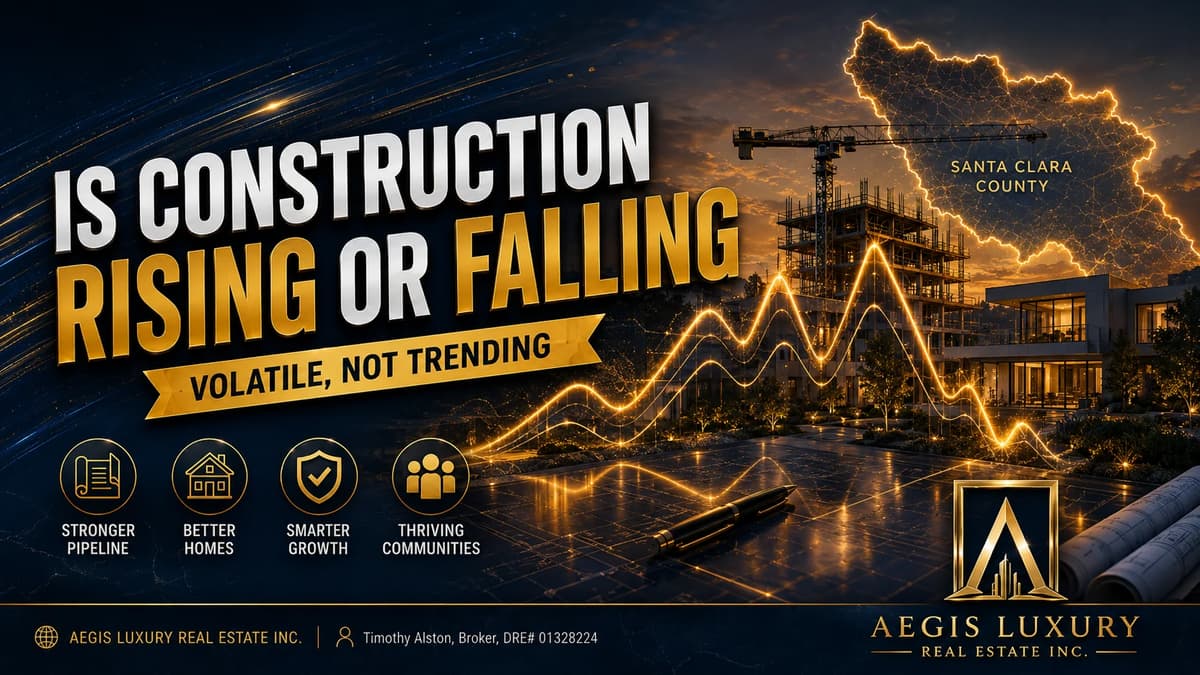 Is construction rising or falling in Santa Clara County, a jagged line running across a construction site under an outline of the county, subtitled volatile, not trending