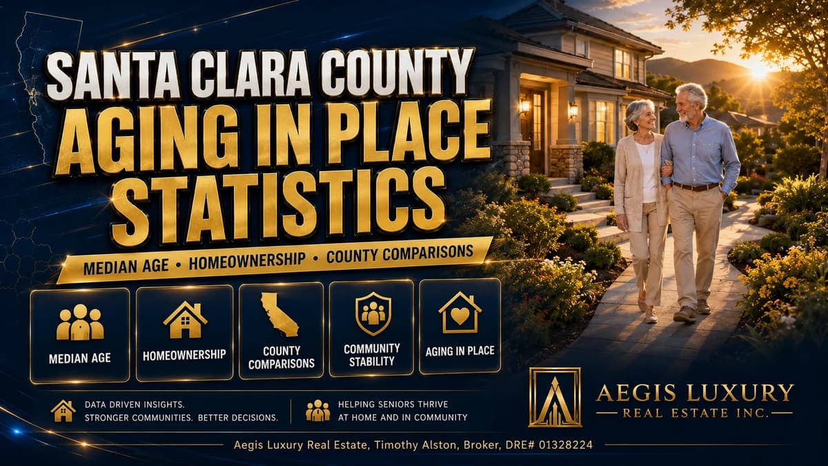 Living well at home in Santa Clara County, with an older couple walking a ramped and railed entry path to a lit single story home, and labels for accessible entry, comfort, independence, neighborhood, community and long term living