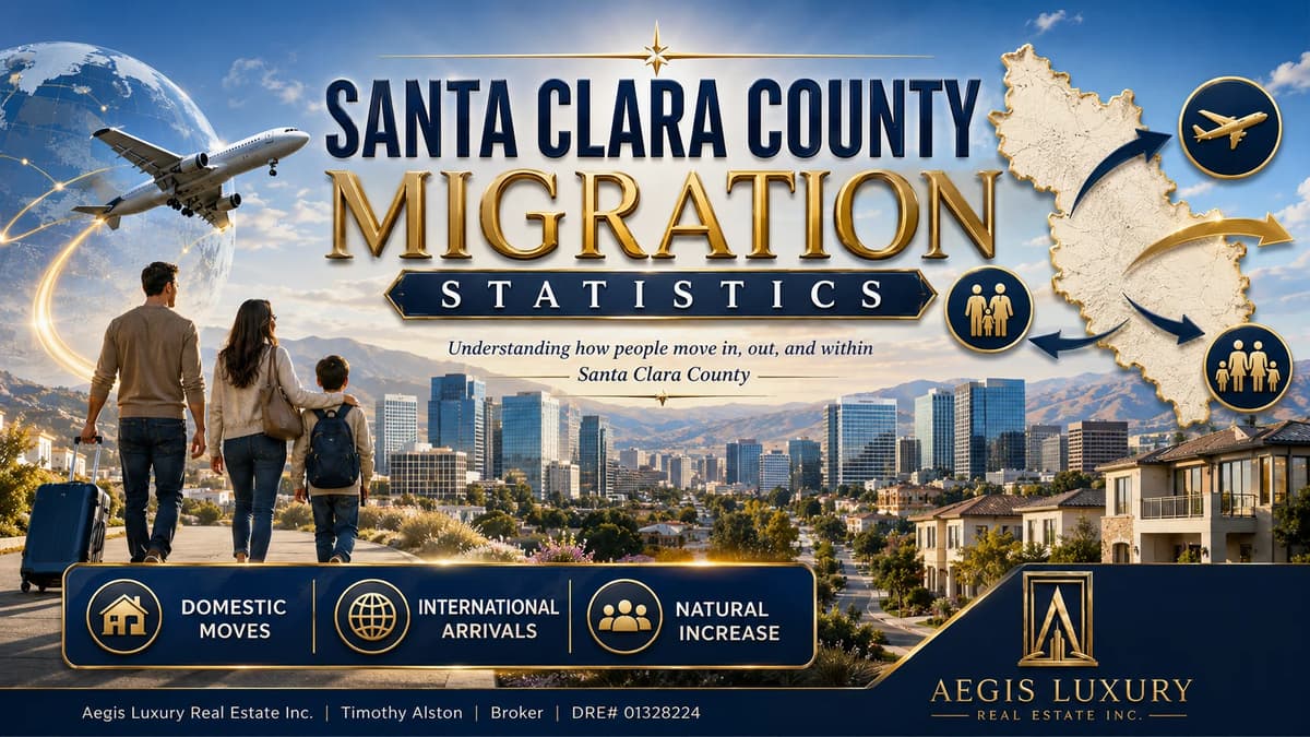Leaving for other states, a moving truck on a highway out of the county beside a United States map with arrows fanning outward from California, labelled outbound moves, new destinations, regional shifts and relocation trends