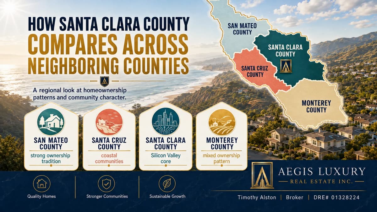 How Santa Clara County compares across neighboring counties, a regional map with San Mateo, Santa Cruz, Santa Clara and Monterey counties shaded and labelled, above cards describing each county