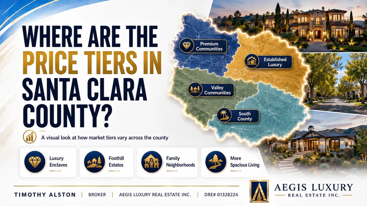 Where are the price tiers in Santa Clara County, an illustrative map dividing the county into premium communities, established luxury, valley communities and south county, beside an estate, a tree lined street and a contemporary home