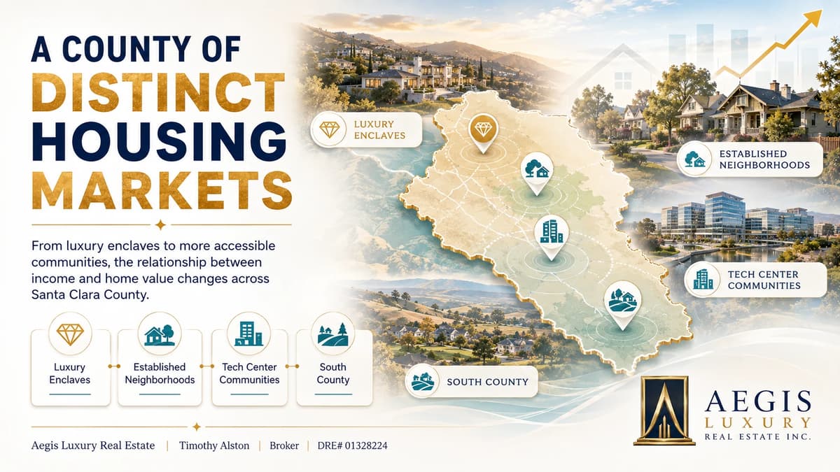 A county of distinct housing markets, an outline map of Santa Clara County with pins for luxury enclaves, established neighborhoods, tech center communities and south county, beside estate, craftsman and office park views