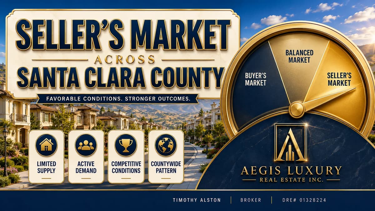 Seller's market across Santa Clara County, a gauge with the needle in the seller's market band past buyer's market and balanced market, beside a street of homes, with labels for limited supply, active demand, competitive conditions and countywide pattern