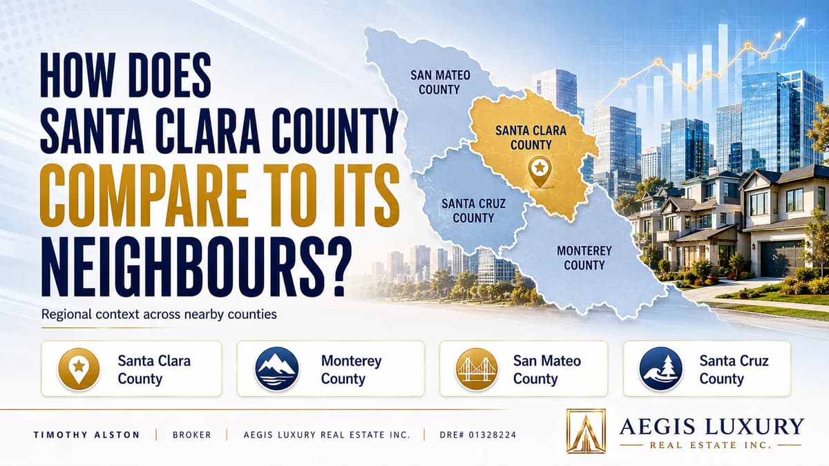 How does Santa Clara County compare to its neighbours, with a regional map highlighting Santa Clara County beside San Mateo, Santa Cruz and Monterey counties over an office and residential skyline