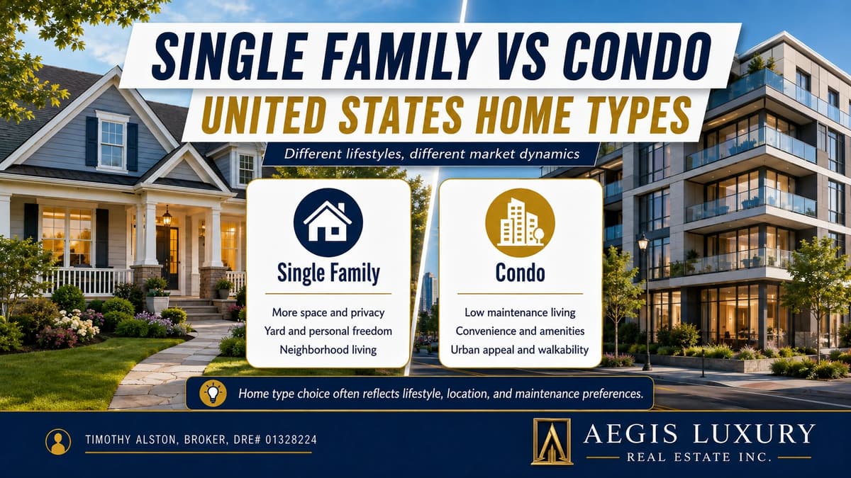 Single family versus condo United States home types, a covered porch home at left and a glass balcony condominium building at right, with cards for single family space, yard and neighborhood living against condo low maintenance living, amenities and walkability