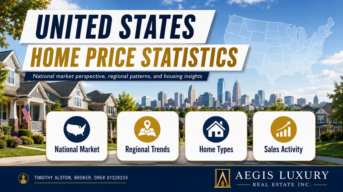 United States home price statistics, over a tree lined suburban street of homes with an American flag and a city skyline behind, an outline map of the United States, and cards for national market, regional trends, home types and sales activity