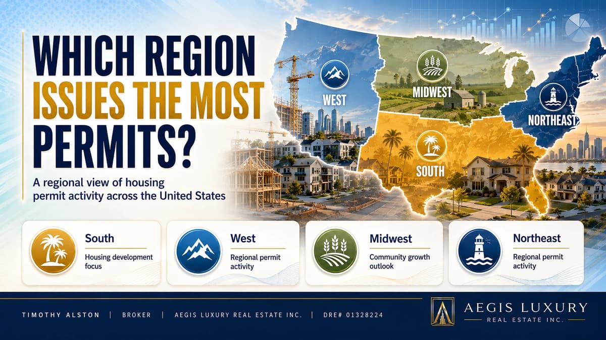 United States housing construction permit statistics, a timber framed house under a tower crane beside a finished street of new homes and a city skyline, over an outline map of the United States, with cards for national permit activity, regional mix, single family and pipeline snapshot