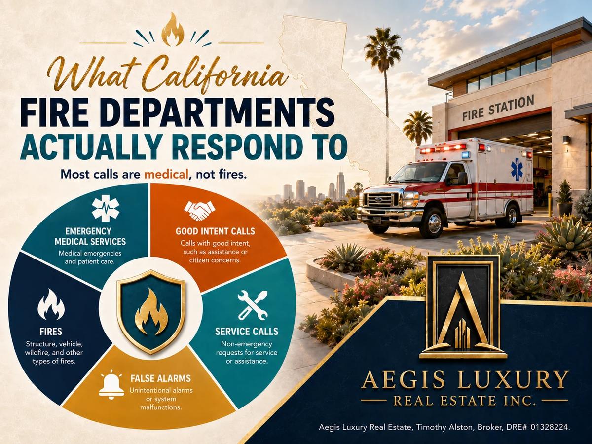 What California fire departments actually respond to, a category wheel covering emergency medical services, good intent calls, service calls, false alarms and fires, beside an ambulance leaving a fire station