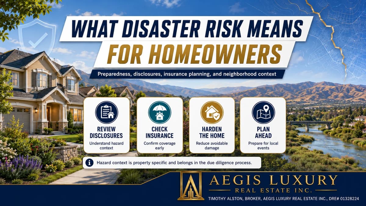 What disaster risk means for homeowners, a Santa Clara County home above a creek corridor and foothills, with panels for review disclosures, check insurance, harden the home and plan ahead