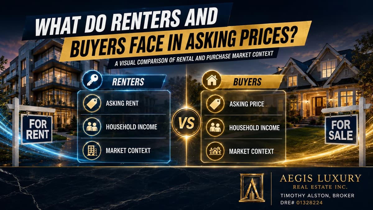What renters and buyers face in asking prices, an apartment building with a for rent sign at left and a lit single family home with a for sale sign at right, with panels comparing asking rent against asking price, household income and market context
