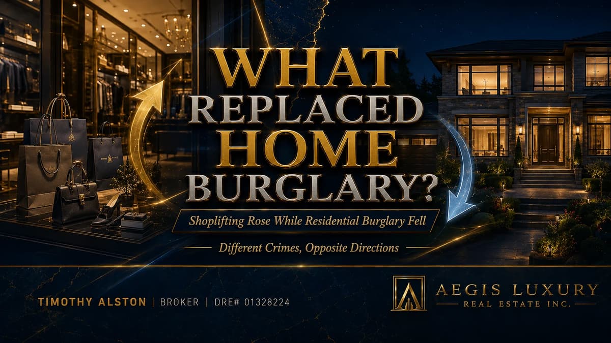 What replaced home burglary, a lit retail display of handbags at left and a lit home at right joined by opposing arrows, with the subtitle shoplifting rose while residential burglary fell