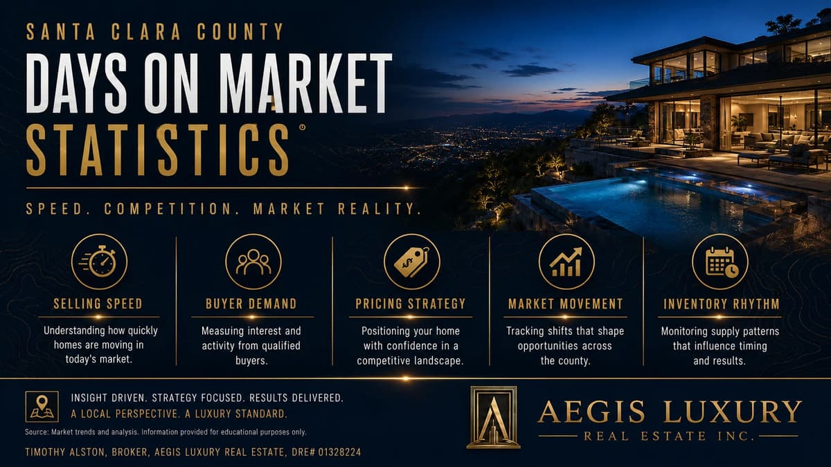 What shapes days on market in Santa Clara County, an outline of the county over a night valley view, with pricing strategy, presentation quality, buyer demand, neighborhood appeal and inventory balance drawn around it
