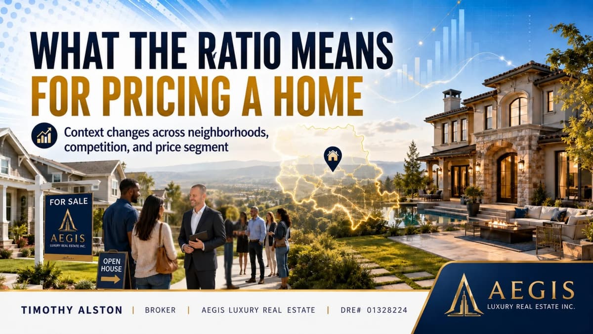 What the ratio means for pricing a Santa Clara County home, with buyers and a broker talking beside an Aegis for sale and open house sign, an outline map of the county and a luxury home at right