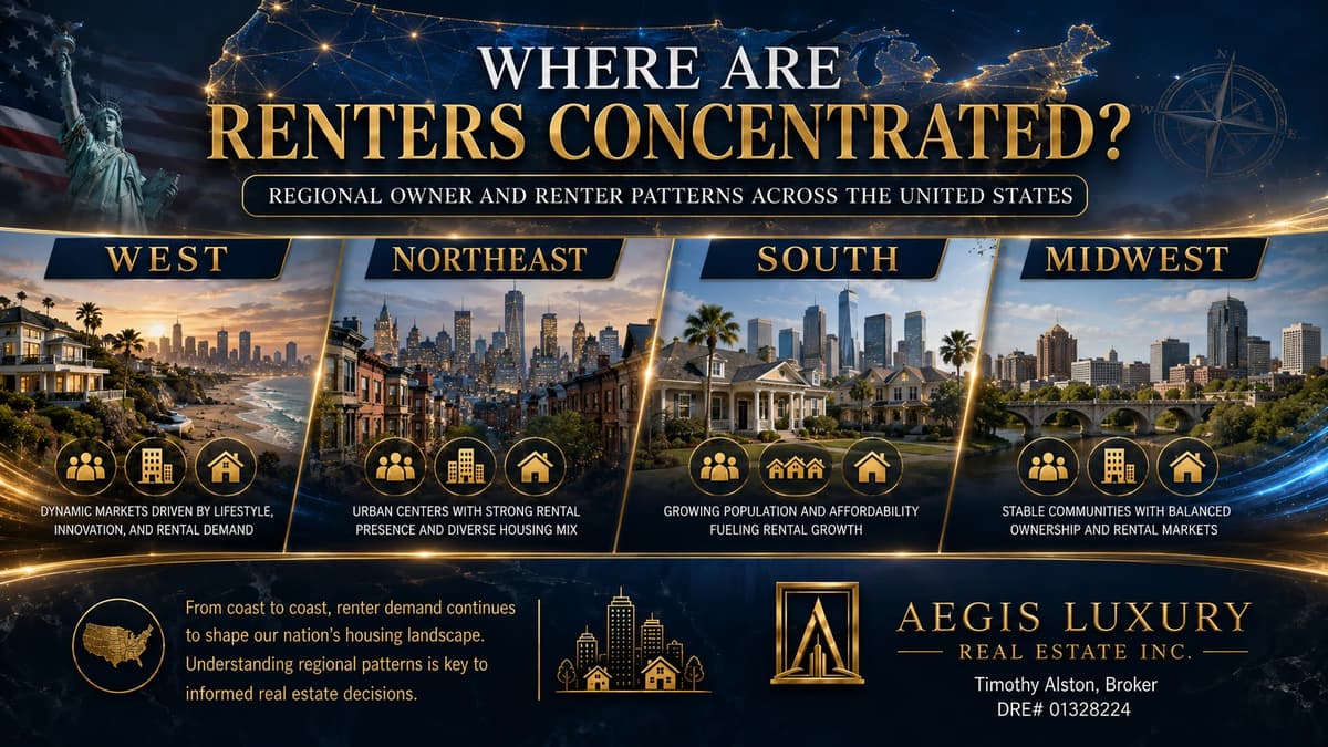 Where are renters concentrated, four regional panels across the United States showing the West as dynamic lifestyle driven markets, the Northeast as urban centers with a diverse housing mix, the South as growing and affordable, and the Midwest as stable and balanced