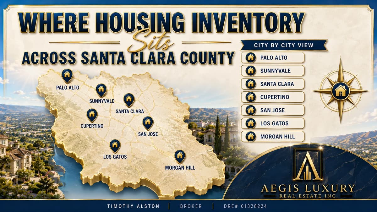 Where housing inventory sits across Santa Clara County, an outline map of the county with home pins at Palo Alto, Sunnyvale, Santa Clara, Cupertino, San Jose, Los Gatos and Morgan Hill, beside a city by city list