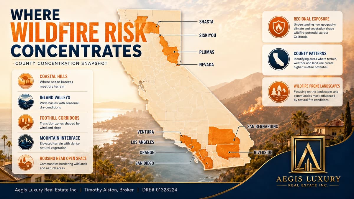 Where wildfire risk concentrates, a statewide map of California with wildfire prone counties shaded from Siskiyou, Shasta, Plumas and Nevada in the north to Ventura, Los Angeles, Orange, San Bernardino, Riverside and San Diego in the south, with panels on regional exposure, county patterns and wildfire prone landscapes