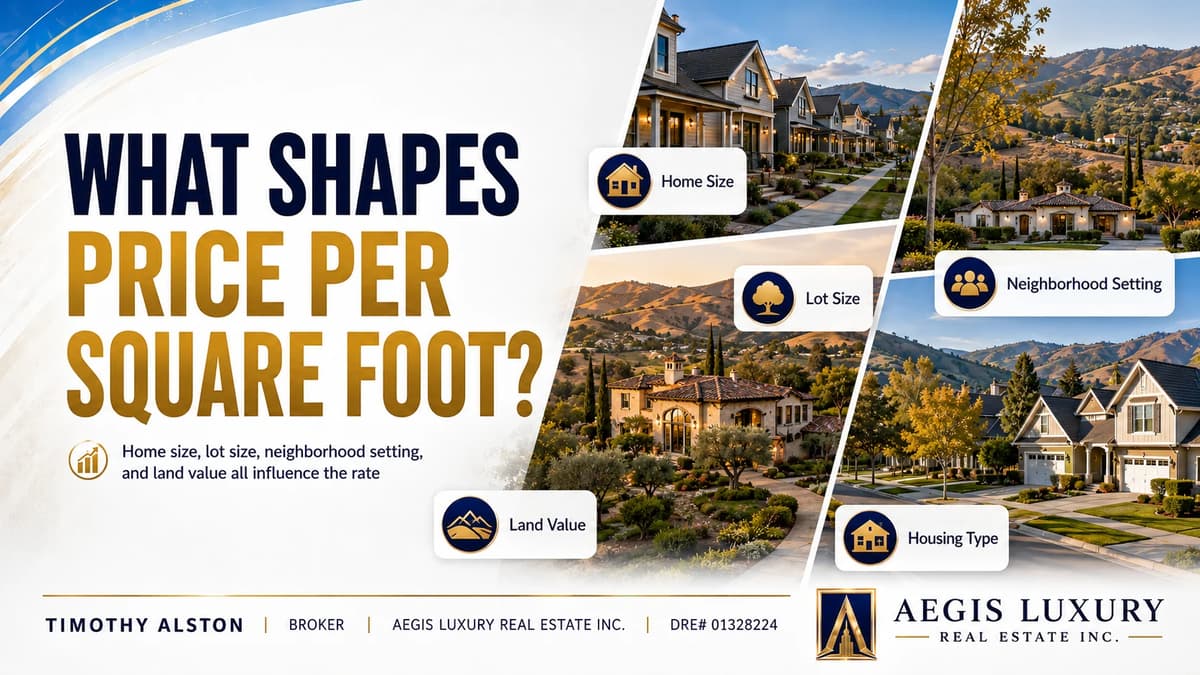 What shapes price per square foot, with four Santa Clara County settings from a compact street of new homes to an estate on foothill acreage, labelled home size, lot size, neighborhood setting, land value and housing type