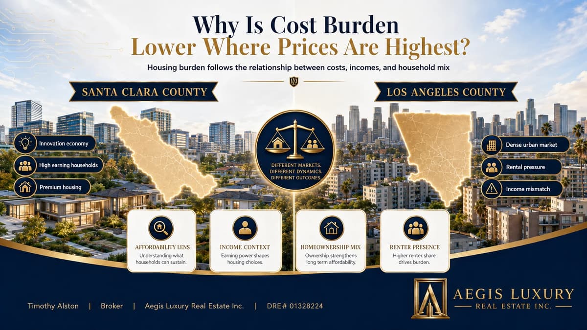Why is cost burden lower where prices are highest, Santa Clara County set against Los Angeles County with county outlines over each skyline, and panels for affordability lens, income context, homeownership mix and renter presence