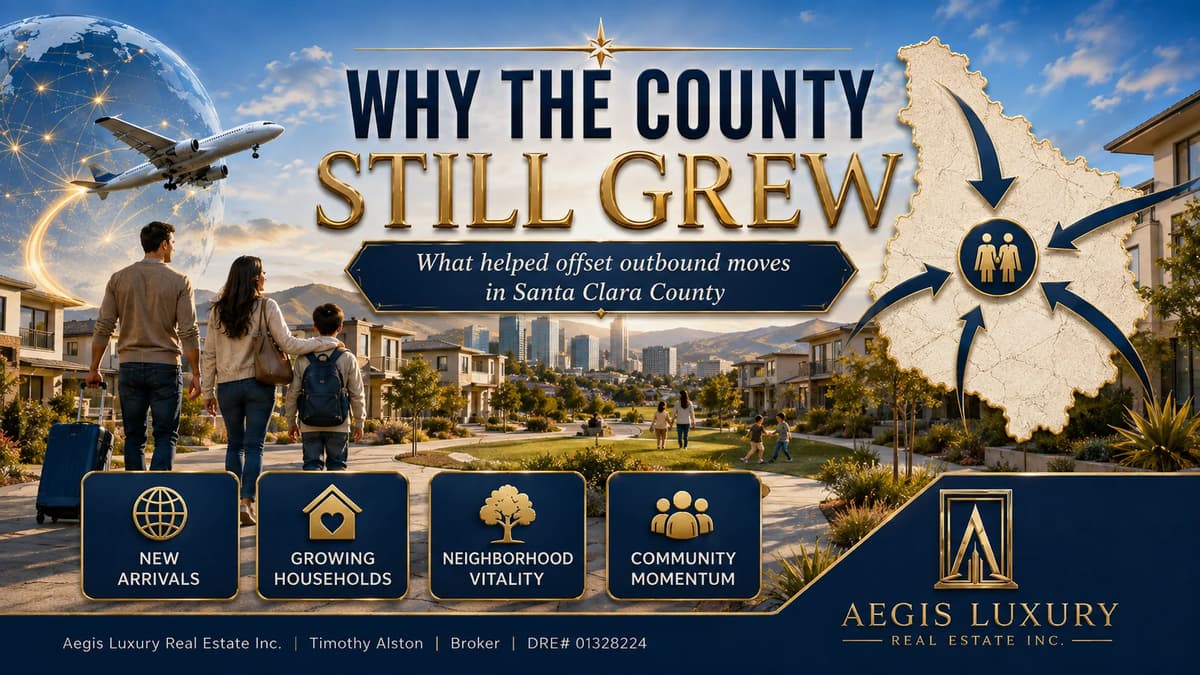 Why the county still grew, arriving families in a new neighborhood with an inbound aircraft and arrows pointing into an outline of the county, labelled new arrivals, growing households, neighborhood vitality and community momentum