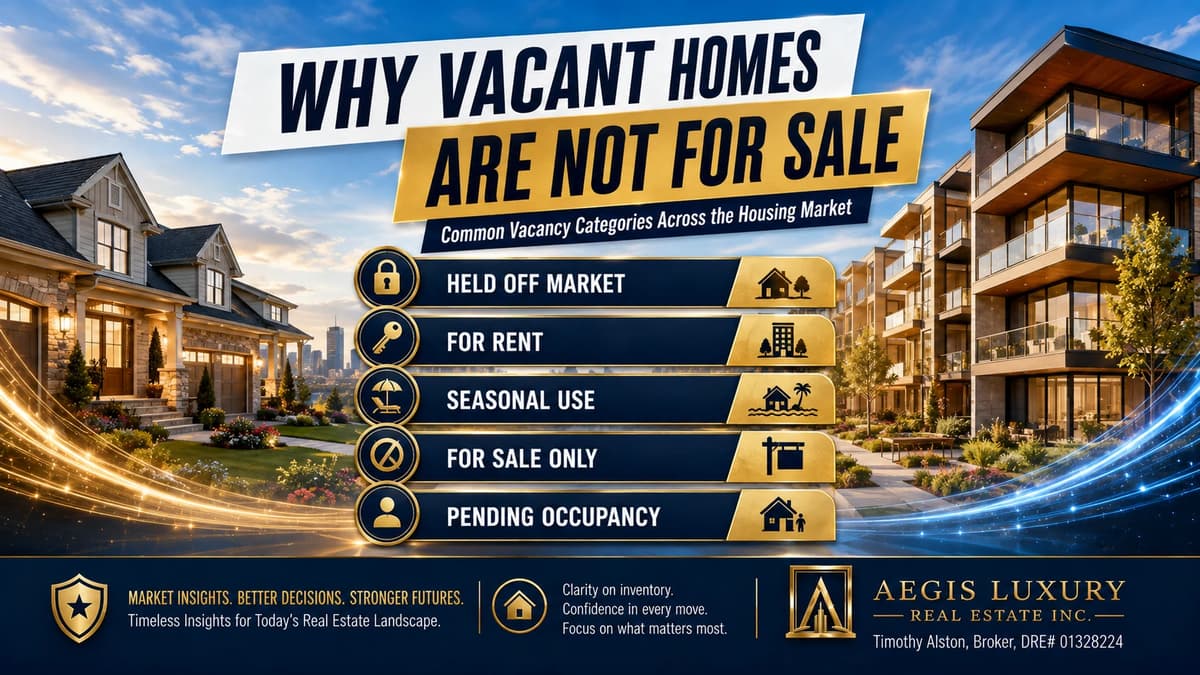 Why vacant homes are not for sale, a stone front home at left and a glass balcony apartment building at right, with a stacked list of vacancy categories for held off market, for rent, seasonal use, for sale only and pending occupancy
