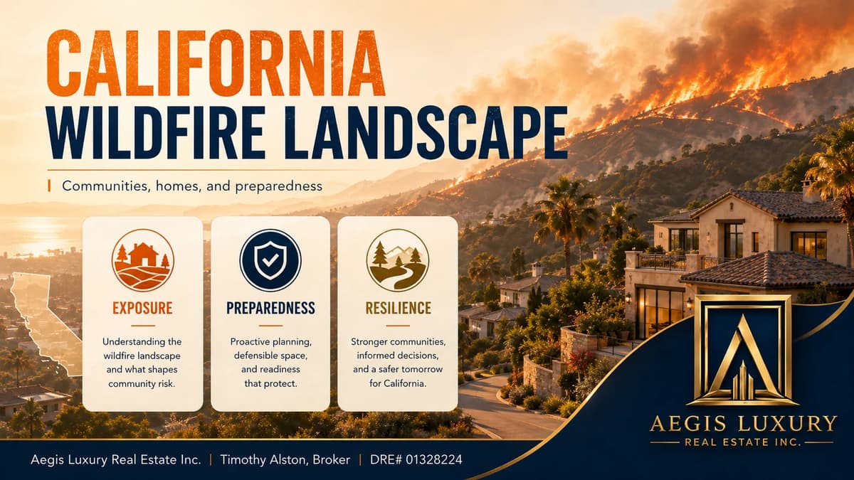 Wildfire statistics for California and the United States, with California highlighted on a national map beside a burning ridgeline above a hillside neighborhood, and panels for wildfire impact, prepared communities and a safer tomorrow