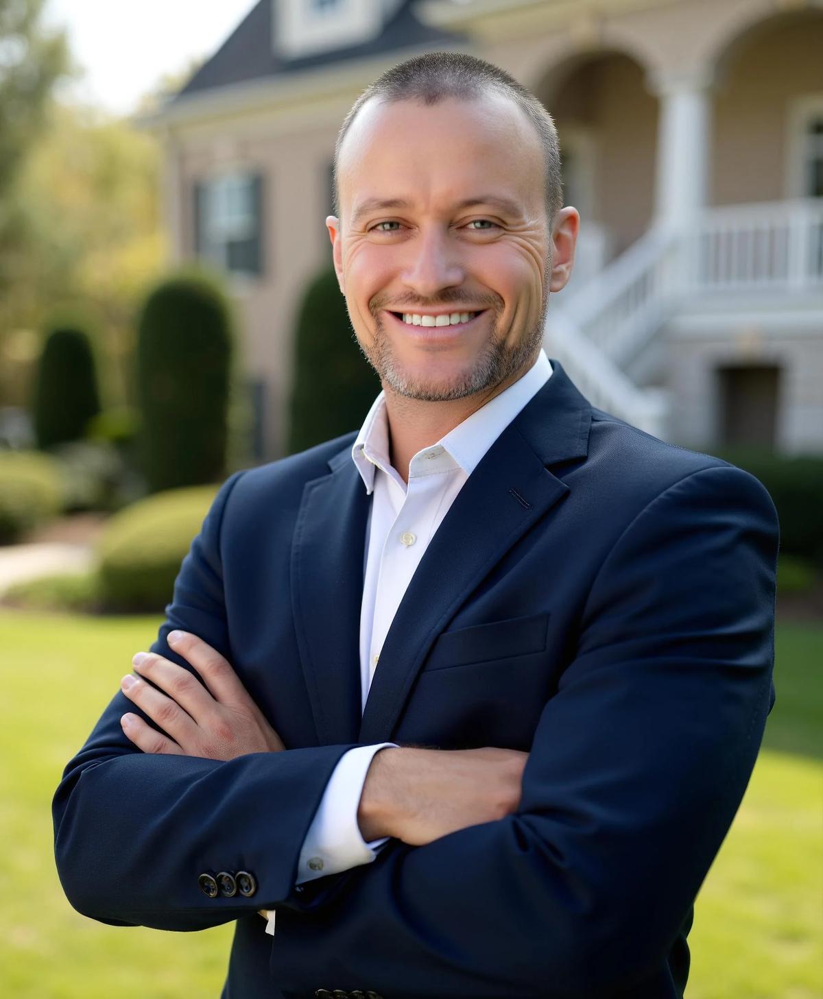 Timothy Alston in front of luxury home